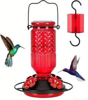 FEED GARDEN Glass Hummingbird Feeder, 16oz Outdoor Hanging Bird Feeder with Ant Moat, 4 Bee-Proof Feeding Ports, 360° Perch, Leak-Proof, Red