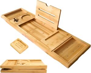 XcE Foldable Bamboo Bathtub Caddy Tray – Expandable to 41 Inches with Non-Slip Pads & Book Stand for Couples Luxury Bath