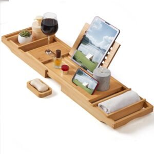 XcE Bamboo Bathtub Caddy Tray – Expandable to 41 Inches with Book Stand, Soap Holder & Anti-Slip Pads for Luxury Bath Spa, Natural
