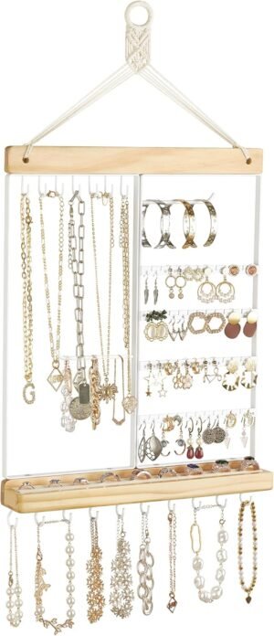 Mkono Hanging Jewelry Organizer Wall Mounted Earring Holder Metal Necklace Holder Wood Shelf with 55 Holes and 7 Hooks Display Rack For Storage Bracelet Rings Ear Studs Accessories Women Bedroom Decor
