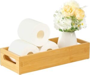 VITVITI Toilet Tray for Bathroom, Bamboo Toilets Paper Storage with Handles, Toilet Paper Tray Holder Organizer Basket for Top Tank/Kitchen Counter Natural,14.9×5.9 Inch