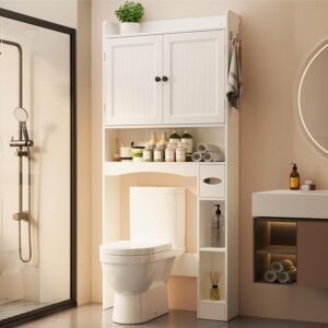 Ahomly Over The Toilet Storage Cabinet, 32.3″ W x 70.3″ H Over Toilet Bathroom Organizer with Doors, Adjustable Shelves, Toilet Paper Holder, 2 Side Hooks, Space-Saver for Bathroom, Laundry, White