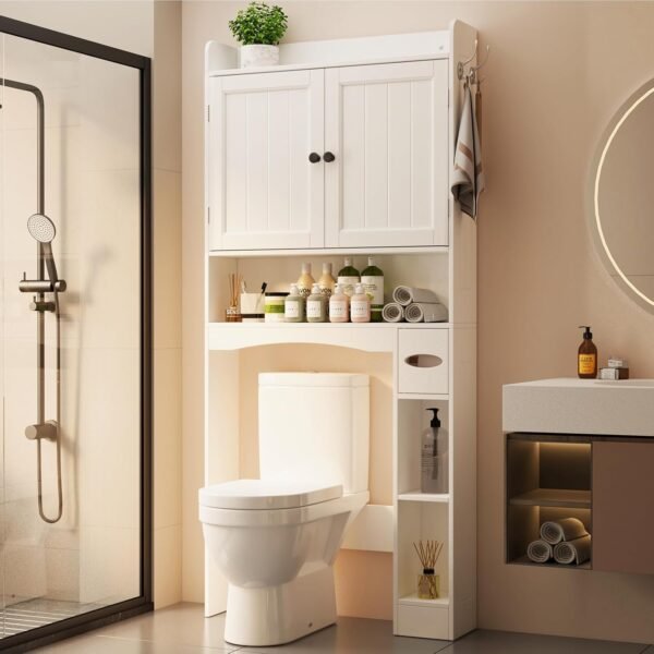 Ahomly Over The Toilet Storage Cabinet, 32.3″ W x 70.3″ H Over Toilet Bathroom Organizer with Doors, Adjustable Shelves, Toilet Paper Holder, 2 Side Hooks, Space-Saver for Bathroom, Laundry, White