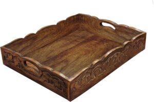 Hand Carved Wooden Serving Tray – Decorative Breakfast Tray with Handles – Rustic Wooden Food Tray with Intricate Detail – Unique Furnishing Accent – Natural Finish – 17 x 13 x 2.5 Inch – COTTON CRAFT