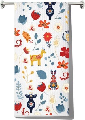 JNIAP Scandinavian Folk Art Towel – Scandinavian Dish Towels (Rabbit Deer)