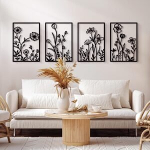Sokurdeg Black Metal Flower Wall Decor, Minimalist Floral Botanical Wall Art, Abstract Line Boho Farmhouse Decor for Living Room, Bathroom, Bathroom, Office, Meaningful Gift (4 Pcs, 12×17 in)