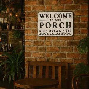 Welcome to Our Porch Metal Tin Sign – Farmhouse Patio Wall Decor for Home, Garden, Yard, Coffee Bar – Rustic Vintage Indoor Outdoor Porch Decorations – Sit Relax Sip – 8×12 Inch