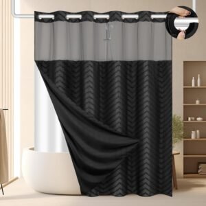 FADOTY No Hook Shower Curtain and Liner Set, Black Snap in Shower Curtain Ringless Chevron Tufted Cloth Waterproof Washable Fabric Bath Curtain with See Through Top Window for Bathroom Hotel 71″ x 74″