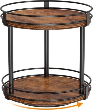 Snughome Rotating Spice Rack, 2 Tier Lazy Susan Organizer, Wood Kitchen Countertop Organizer, Brown Lazy Susan Turntable for Cabinet, 10.2″ x 10.2″ x 10.4″