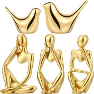 Qunclay 5 Pcs Gold Decor Accents Set Resin Thinker Statue Small Bird Figurines Abstract Decorative Modern Collectible Sculpture for Home Office Bookshelf Living Room Desktop Decor(Gold)
