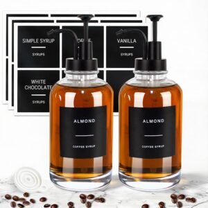 Coffee Syrup Dispenser for Coffee Bar, Set of 2 Simple Glass Syrup Bottle w. Pump and Labels, 16.9 oz 500ml Syrup Pump Dispenser, Syrup Dispenser Black