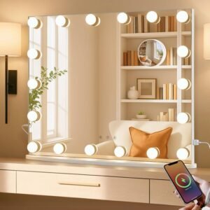 LUXFURNI Vanity Mirror with Lights, 23.6″ x 20.5″ Hollywood Mirror, Light Up Makeup Mirror with 18 LED Bulbs for Bedroom Desk, 3 Color Lighting Modes, Tabletop & Wall Mount, USB Charging Port