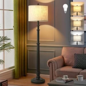 Floor Lamps for Living Room – 60″ Resin Farmhouse Floor Lamp with Adjustable Color Temperatures – Vintage Standing Lamp Reading Light with Linen Shade Retro Tall Lamp for Bedroom Office, Black
