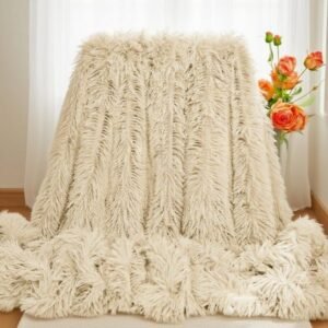Luxurious Shaggy Throw Blanket, Faux Fur Furry Fuzzy Blanket, Long Pile Plush, Soft Fluffy Texture for Couch, Bed, Living Room Decor(51×63 Inches,Khaki)