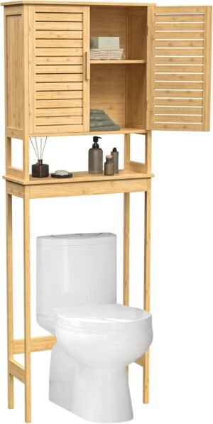 SONGMICS Over The Toilet Storage Cabinet, Bathroom Cabinet with Adjustable Inside Shelf and Bottom Stabilizer Bar, Space-Saving Toilet Rack, Natural Beige UBTS010N01