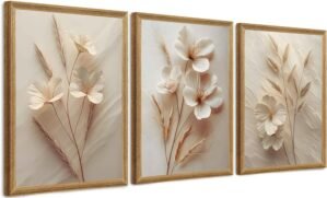 Botanical Flower Canvas Wall Art Set of 3 Framed Floral Prints with Wood Frames for Living Room Bedroom Office, 12×16 Inch Each Panel, Easy to Hang Home Decor Artwork for Modern Farmhouse Style