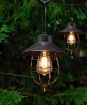 YAKii 2 Pack Solar Lantern Hanging Waterproof Outdoor Metal Solar Lamp with Warm White Light Decorate for Yard Garden Pathway Patio Porch Decor (Black)
