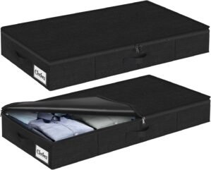 Under Bed Storage Container Bins 2 Pack, 4.5 Inch Slim Low Profile Underbed Clothes Storage Organizer for Dorm & Home, Use for Blanket and Toy Storage Box W/ Sturdy Bottom/Sides, Foldable Thick Fabric