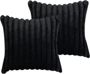 18×18 Throw Pillow Covers Set of 2, Decorative Faux Fur Covers for Bed, Couch Soft Fluffy Pillow Cover with Velvet Back for Living Room, Neutral Home Décor Accent for Sofa – Black