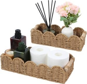 Paper Rope Storage Basket Set of 2 with Wooden Handles – Scalloped Toilet Paper Organizer, Cute & Functional Home Decor for Bathroom or Living Room (Beige)