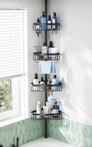 Corner Shower Caddy Tension Pole: Adjustable Rustproof 4-Tier Inside Bathroom Organizer – 47-121 inch Quick Installation Bathtub Shelves for Shampoo Storage – Rod Floor Standing Bath Rack – Black