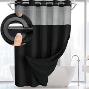 No Hook Shower Curtain and Liner Set,Black Hotel Waffle Shower Curtain with Liner 75″ L x 72″ W