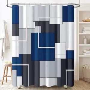 BTTN Navy Blue Fabric Shower Curtain – Geometric Water Repellent Shower Curtain Set, Machine Washable, Modern Decorative Polyester Cloth Shower Curtains for Bathroom – 72×72