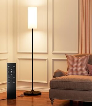 luckystyle Dimmable Floor Standing Tall Lamp, 12W Led Bulb with Lampshade, Foot Switch, Remote Custom Color Temperature Pole for Bedroom, Office, Kids & Living Room, Black