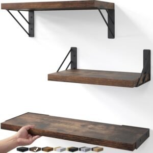 BAYKA Wall Shelves for Bedroom Decor, Floating Shelves for Wall, Display Mounted Rustic Wood Shelf for Books,Plants,Corner Shelves for Bathroom,Kitchen,Living Room(Rustic Brown,Set of 3)