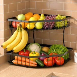 2 Tier Fruit Basket for Kitchen Counter – Detachable Metal Fruit Bowl with 2 Banana Hangers for Corner , Large Capacity Fruit Stand with Wooden Handle for Bread Fruit and Vegetable Storage