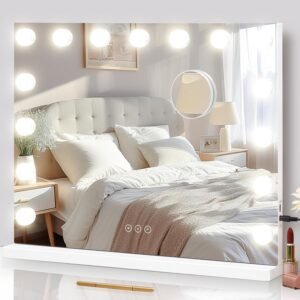 Vanity Mirror with Lights Lighted Makeup Mirror with 15 Dimmable LED Bulbs,3 Color Lighting Modes,USB Charging Port Touch Control,Sturdy Metal Frame Design 24×18 Inch,White