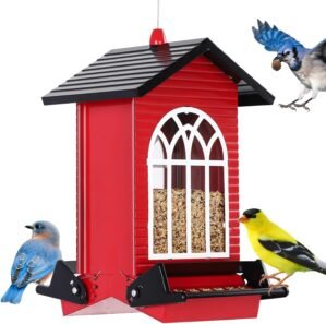 Gbekery Squirrel Proof Bird Feeder for Outdoors,5LB Large Capacity,Metal Wild Bird Seed Feeder with Bilateral Weight-Activated Perches for Outside Hanging,Finch,Cardinal,Blue Jay,Garden Decoration,Red