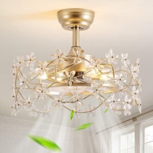 20″ Gold Fandelier Ceiling Fan with Light, Flower Crystal Chandelier Ceiling Fan with Light and Remote Control, Modern Caged Enclosed 6 Speeds for Girl’s Bedroom, Nursery, Living Room