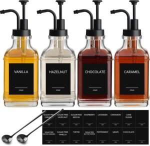 Coffee Syrup Dispenser, Coffee Bar Accessories 16.9 fl oz/500ml, Glass Syrup Dispenser with Pump Dispenser, Labels, Spoons for Coffee Bar, 4 Pack