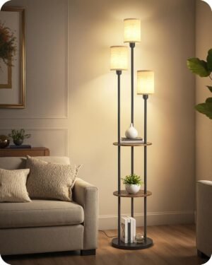 70.9″ Floor Lamp with Shelves, Modern Floor Lamp with 3 Linen Shades and Foot Switch, 3-Light Standing Lamp, for Living Room, Bedroom, Study, Office, Rustic Brown and Beige EF53LD05