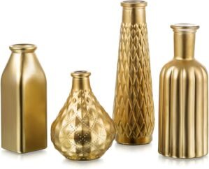 Glasseam Gold Vase for Flowers: Small Glass Vases for Living Room Kitchen Table Centerpieces, 4 Aesthetic Decorative Golden Modern Home Decor for Floral,Gold