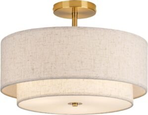 CALOKES 16″ Double Drum Gold 3-Light Semi Flush Mount Ceiling Light, Classic Fabric Linen Shade Design for Living Room, Bedroom, Kitchen, Dining Room, Hallway and Entryway