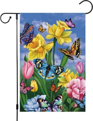 Louise Maelys Spring Daffodil Garden Flag 12×18 Double Sided, Burlap Small Butterfly Floral Flower Welcome Yard House Outside Outdoor Summer Decoration