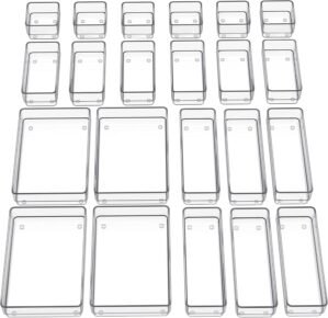 SMARTAKE 22-Piece Drawer Organizer with Non-Slip Silicone Pads, 4-Size Clear Desk Drawer Organizer Trays Storage Tray for Makeup, Jewelries, Utensils in Bedroom Dresser, Office and Kitchen, Clear