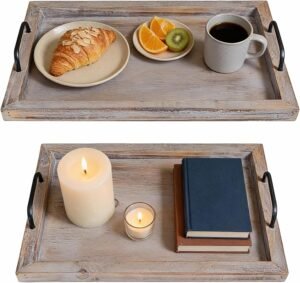 Besti Rustic Vintage Food Serving Trays (Set of 2) | Nesting Wooden Board with Metal Handles | Stylish Farmhouse Decor Serving Platters | Large: 15 x2 x11” – Small: 13 x2 x9” inches (Rustic)