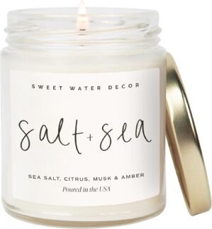 Sweet Water Decor Salt and Sea Candle – Sea Salt, Citrus, Amber, Musk, Beach Scented Soy Candles for Home – Coastal Decor for Beach Lovers – 9oz Clear Jar, 40 Hour Burn Time, Made in The USA