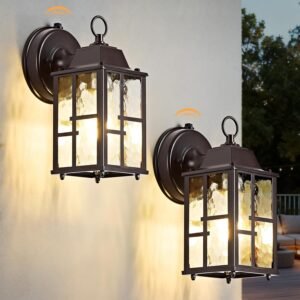 OKELI 2-Pack Dusk to Dawn Outdoor Wall Lights, Weatherproof Exterior Lighting Fixture Wall Mount, Aluminum Ripple Glass Porch Light, Anti-Rust Outside Wall Sconce for House, Garage(Brown)