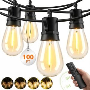 Outdoor String Lights LED Patio-Light – 100Ft Outside Waterproof Dimmable Porch Lights with Remote Shatterproof S14 Bulbs Outside Hanging Light Connectable Lighting for Gazebo Backyard Bistro Pergola