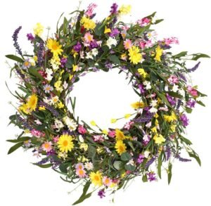 J’FLORU Spring Wreath 24 Inch Summer Wreaths for Front Door Artificial Flower Wreath with Daisy and Lavender for Indoor Outdoor and Easter Celebration