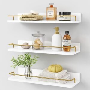 Forbena Gold Floating Shelves for Wall Decor Set of 3, Bathroom Shelves Over Toilet, Modern Display Wall Shelf with Guard Rail for Living Room Bedroom Organizers and Storage – White and Gold