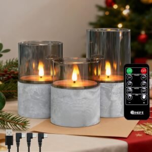 Rechargeable Marble Flameless Candles, Gray Glass LED Pillar Candle with Remote & Timer,Decorative Candles for Living Room, Bedroom, Holiday Décor & Gifts for Women,Set of 3