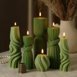Threlaco 6 Pcs Pillar Candles Decorative Modern Aesthetic Ribbed Candle Set Cute Soy Wax Scented Ribbed Decor Commemorative Gift for Home Decoration(Green, 2.36-6.89 Inch)