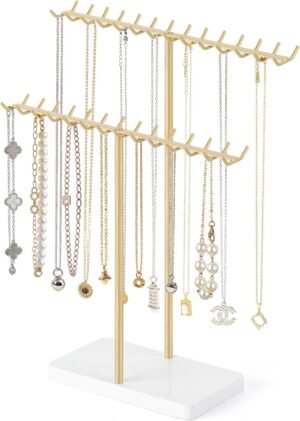 Mkono Necklace Holder Organizer Metal Jewelry Display Stand 2 Tier Bracelet Hanger Gold Tree Tower Rack for Storage Bangles and Earrings Gift for Women Bedroom Dressing Table Decor