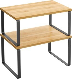 SONGMICS Cabinet Organizer Shelf, Set of 2 Kitchen Counter Shelves, Kitchen Storage, Spice Rack, Stackable, Expandable, Metal and Engineered Wood, Ink Black and Natural Beige UKCS02NB