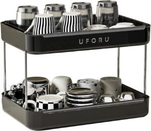 UFORU Countertop Coffee Station Organizer, 2 Tier Wine Glass Holder, Mug Display Shelf with Removable Drain Tray, Spice & condiment Rack for Kitchen, Bathroom Countertop Organizer, Black
